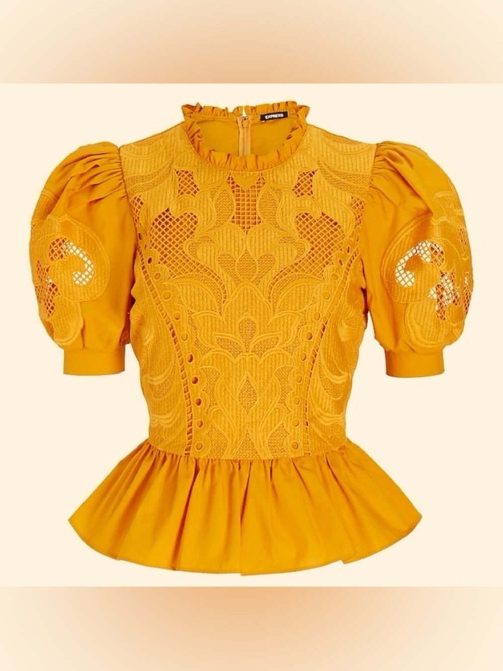 EXPRESS 100% Cotton Womens Mustard Lace Embellished Peplum Puff Sleeve Blouse XL